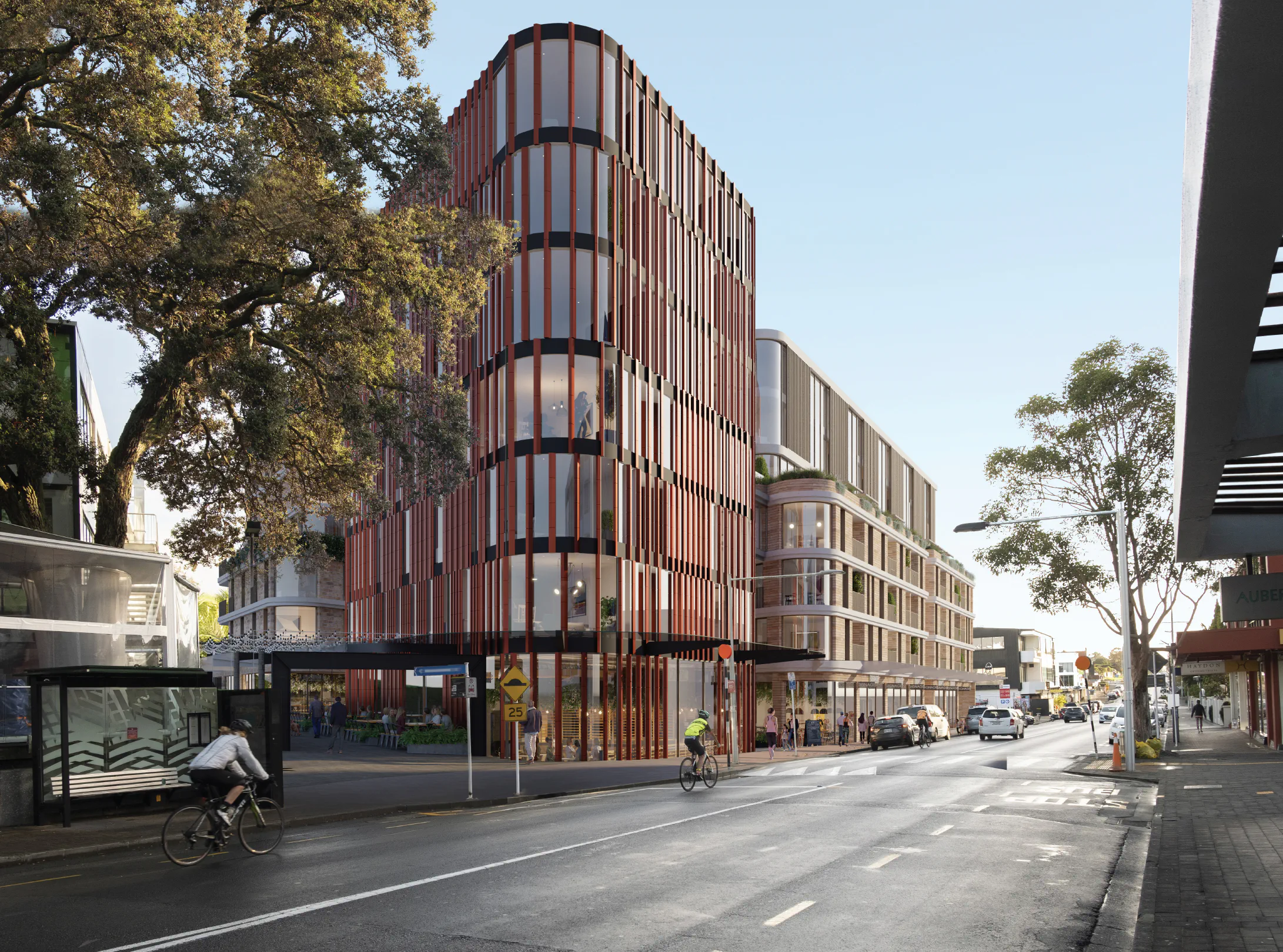 Architectural rendering of a modern multi-story mixed-use building featuring curved glass and vertical terracotta louvers on a busy street corner.